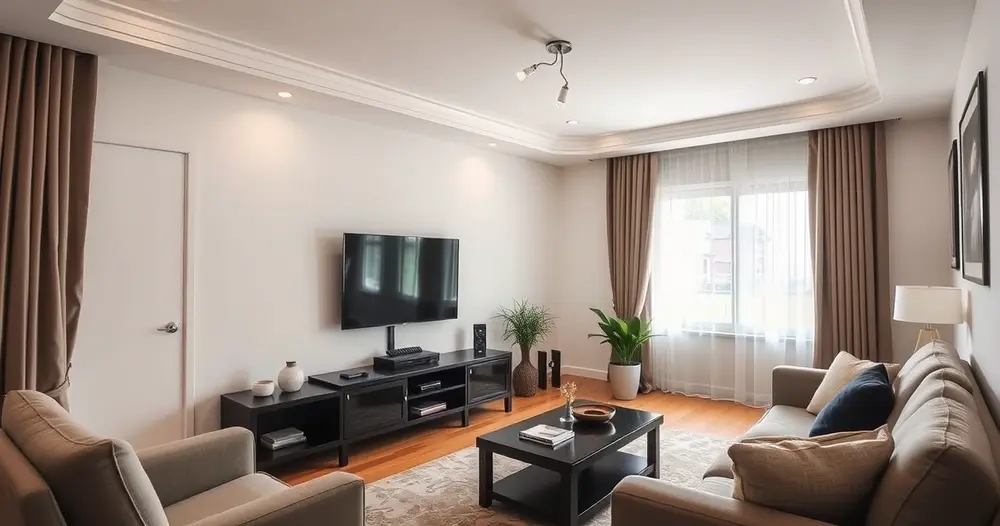 sala de estar com televisão e móveis, ambiente doméstico