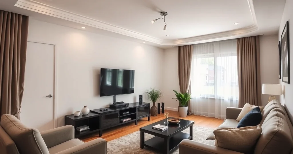 sala de estar com televisão e móveis, ambiente doméstico