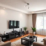 sala de estar com televisão e móveis, ambiente doméstico
