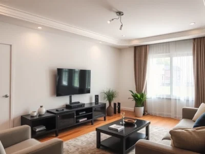 sala de estar com televisão e móveis, ambiente doméstico