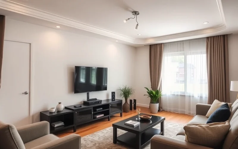 sala de estar com televisão e móveis, ambiente doméstico